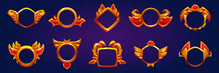 Golden avatar frames, game winner award badges isolated on background. Vector cartoon set of empty achievement emblems with decorative golden borders different shapesのイラスト素材