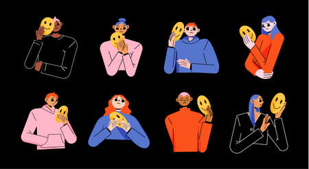 Sad people hold fake face mask with smiling mouth isolated on black background. Vector flat illustration of diverse unhappy men and women with positive masks for hide real emotionsのイラスト素材