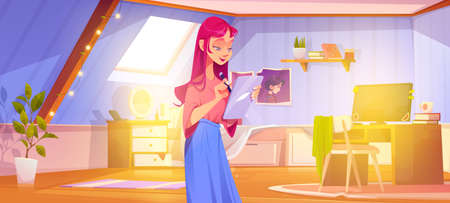 Girl artist draw on digital tablet in bedroom on attic. Vector cartoon illustration of mansard room interior with bed, computer, table and young woman graphic designer with pink hairのイラスト素材