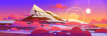High mountain top landscape at sunset. Vector cartoon illustration of rock range summit scene with evening sun and peak with snow and ice above red soft cloudsのイラスト素材