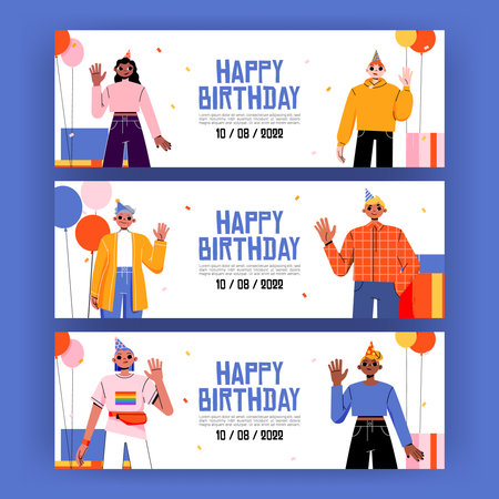 Happy birthday cards with diverse people celebrate together. Vector greeting posters with flat illustration of balloons, gift boxes, elderly woman, african american girl, caucasian man and lgbt personのイラスト素材