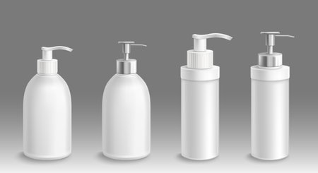 Bottle for liquid soap or lotion 3d vector mockup. Isolated antibacterial or antiseptic gel airless pump containers, white blank plastic packages with dispenser for bath or toilet, Realistic mock upのイラスト素材
