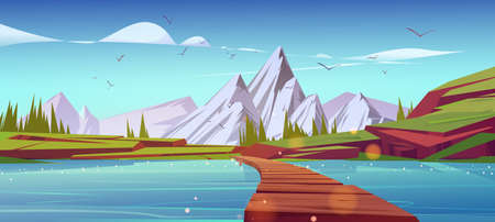 River with wooden bridge in mountain valley. Vector cartoon illustration of summer landscape with green grass, firs, lake or pond with old wood pier and rocks on horizonのイラスト素材