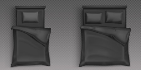 Single and double beds with black linen top view. 3d vector furniture for sleep mockup with blank sheet, pillows and duvet, home or hotel bed isolated on transparent background, Realistic illustrationのイラスト素材
