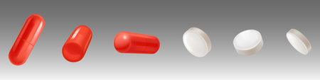 Medical drugs, white tablets and red capsules isolated on background. Vector realistic set of 3d...