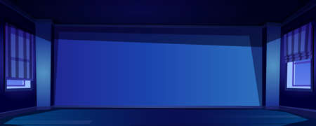 Empty night room background, dark apartment interior with windows with roman curtains, blank wall and wooden floor, abstract studio or office indoor 2d design for game, Cartoon vector illustrationのイラスト素材