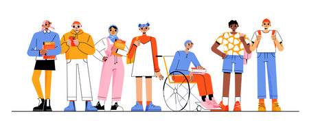 Group of multiracial students, diverse people with books, phone and backpacks. Vector flat illustration of young men and women characters, muslim girl, person in wheelchairのイラスト素材