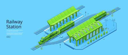Railway station poster with isometric rail track, train and platform. Vector banner of train transportation infrastructure with empty modern station, locomotive with carriageのイラスト素材