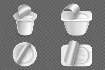 Open plastic containers for yogurt in front and top view. Vector realistic 3d mockup of white cups with yoghurt or dairy product and foil lid isolated on transparent backgroundのイラスト素材