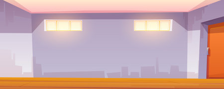 Empty room interior, home garage, storage or basement. Vector cartoon illustration of blank workshop or storeroom with closed door, wooden floor and small windowsのイラスト素材