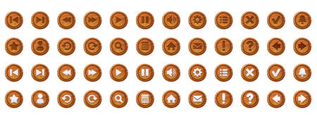 Circle buttons with wooden texture and icons for game menu interface or website. Vector cartoon set of ui elements from brown timber with signs isolated on white backgroundのイラスト素材