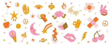 Psychedelic stickers, retro hippie pattern with flowers, hearts, sun, moon and stars. Vector doodle...