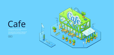 Banner with isometric cafe building, modern architecture isolated on blue background. Vector horizontal poster with axonometric illustration of cafeteria facade with tables and benches outsideのイラスト素材