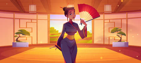 Girl in kimono with red fan in dojo. Vector cartoon illustration of interior of traditional japanese room for karate and meditation with woman geisha and landscape of green paddy fields behind windowのイラスト素材