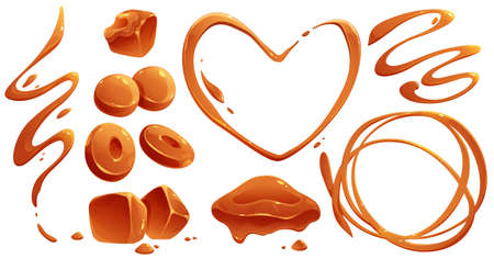 Toffee candies and liquid caramel splashes and flows. Vector cartoon set of sweet brown cream, fudge cubes, sugar or maple syrup drips and stains in shape of swirls, heart and wavesのイラスト素材