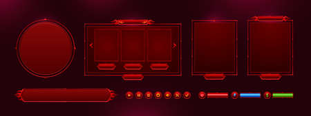 Game menu interface ui elements, buttons, progress bars, settings, login and password board. Gui user panel with sliders, keys, red glowing design with devil horns and hell fire flames Vector graphicsのイラスト素材