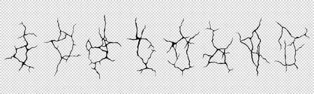 Ground cracks top view, earthquake cracking holes, ruined land surface crushed texture. Destruction, split, damage fissure effect after disaster isolated on transparent background. Realistic 3d vectorのイラスト素材