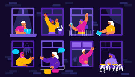People in windows, neighborhood, private life in apartments concept. Neighbors diverse men and women spend time at home reading books, drinking coffee, communicate, Line art flat vector illustrationのイラスト素材