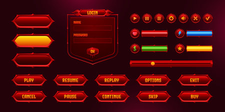 Set of game user interface frames, bars and menu buttons, ui or gui design elements. Empty borders, banners, red glowing keys. Gamer settings, login and password board, options Vector info graphicsのイラスト素材