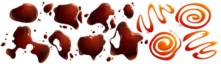 Spill soy or teriyaki hot sauces puddles and drippings. Isolated brown liquid drops top view on white background. Brown splatters, spilled asian condiment blobs, Cartoon vector illustration, setのイラスト素材