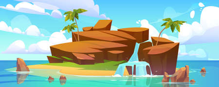 Island with waterfall in ocean, rocky isle with beach, palm trees and water jets falling from rocks into sea under blue cloudy sky. Tropical landscape, cartoon game background, Vector illustrationのイラスト素材