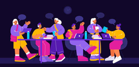 School or college students, young people study together. Vector flat illustration of happy teenagers sitting at table with books and laptop on black backgroundのイラスト素材