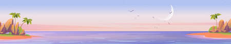 Tropical sea landscape with palm trees on shore in early morning. Vector cartoon illustration of seascape panorama, ocean lagoon or harbor, sand beach, flying birds and moon in skyのイラスト素材