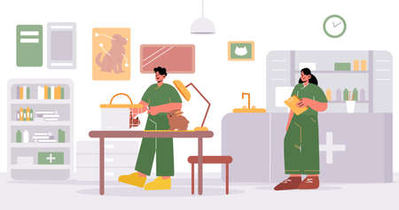 Vet clinic doctors working and caring of pets. Woman nurse assisting in veterinary hospital, animal health care and medicine, Line art flat vector illustrationのイラスト素材