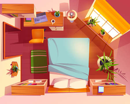 Top view of bedroom interior with bed, desk with laptop, bookcases and plants. Vector cartoon illustration of above view to empty sleeping room with workspace with table and chairのイラスト素材