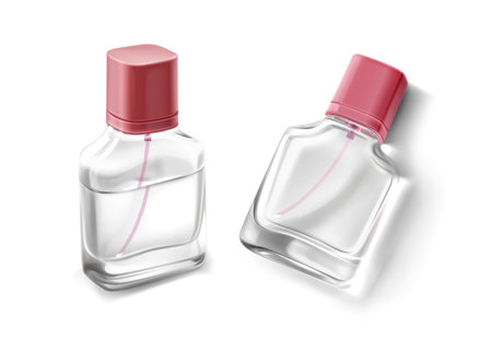 Glass bottles for fragrance, perfume, cologne, cosmetic spray. Vector realistic mockup of 3d blank transparent containers with tubes, pink caps and clear fluid isolated on white background angle viewのイラスト素材