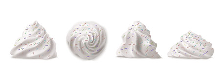 Whipped cream swirl or meringue with sprinkles top side view 3D vector. Custard, butter or vanilla...