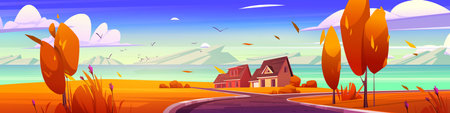 Autumn landscape with village houses on sea bay coast. Vector cartoon illustration of fall nature panorama with lake or river shore, cottages, orange grass and trees, mountains on horizonのイラスト素材