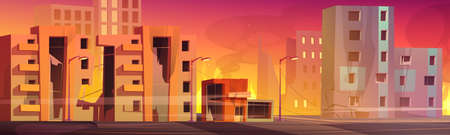 Destroyed city street with broken houses, fire and smoke. Vector cartoon illustration of abandoned demolished buildings on town street after war, nuclear explosion, apocalypseのイラスト素材