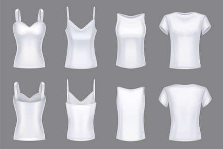 Women t-shirt white mockup front rear view. Blank template female clothes, 3D set realistic vector isolated illustration, short sleeve and strap top, bustier with cupsのイラスト素材
