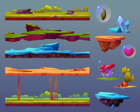 Game ui elements with seamless ground texture, floating islands and items. Vector cartoon set of elements of summer, winter and desert landscapes, blue crystals, cactus, mushroom and heart in bubbleのイラスト素材