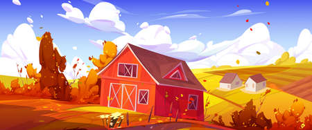 Countryside landscape with farm barn, agriculture field and houses in fall. Vector cartoon illustration of autumn scene, farmland with granary, road, fence and orange trees and bushesのイラスト素材