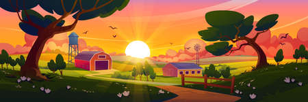 Summer countryside with farm barn, windmill, water tower and agriculture fields at sunset. Vector cartoon illustration of rural landscape of farmland with wooden shed, road and treesのイラスト素材