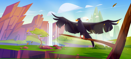 Mountain valley with waterfall and raven on tree branch. Vector cartoon illustration of summer landscape with green grass, rocks, water stream falling from cliff and black crow with spread wingsのイラスト素材