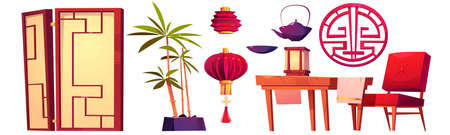 Chinese or japanese restaurant room with furniture for tea ceremony. Vector cartoon illustration of asian traditional red lantern, table, chair, folding screen and tea pot isolated on white backgroundのイラスト素材