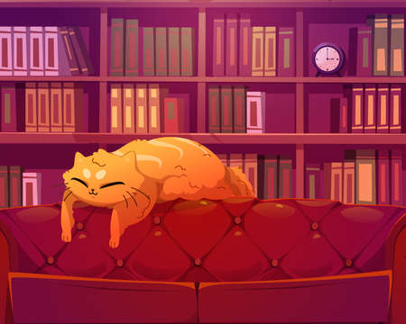 Funny cat sleeping on sofa in library interior. Cute lazy kitten sleep on leather couch on background with bookshelf with rows of book spines. Cartoon animal character at home, Vector illustrationのイラスト素材