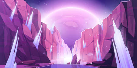 Alien planet landscape, space view from frozen canyon with ice stalagmites and rocks. Cosmic background with glowing sphere in dark starry sky. Fantastic world in cosmos, Cartoon vector illustrationのイラスト素材