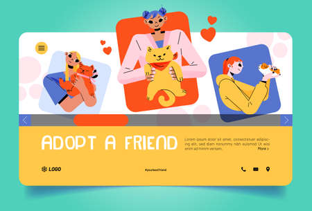 Adopt a friend landing page. People hug pets, animal adoption concept with young women holding cute funny cats and guinea pig on hands. Human tenderness, love and charity Linear flat vector web bannerのイラスト素材