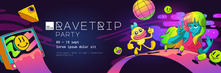 Psychedelic rave trip party banner template, blue girl with colorful hair, drugs and tv, acid background. Vector cartoon horizontal hippie poster with pyramid with eye, strange creature and disco ballのイラスト素材