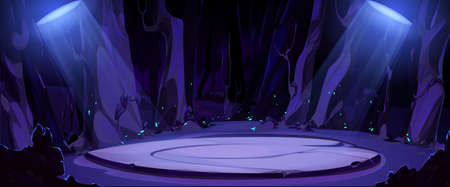 Ancient celtic round stone platform or game battle podium in night forest with light equipment. Vector cartoon illustration of woods landscape with trees and old abandoned sacred altar game backgroundのイラスト素材