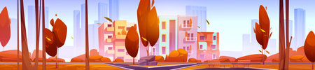 City district with modern houses at autumn day. Urban architecture panoramic background with dwellings, park area at front yard with paves, orange trees, benches and rocks, Cartoon vector illustrationのイラスト素材