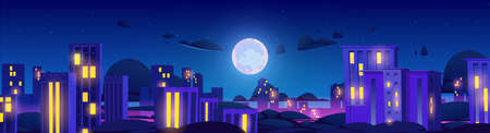 Night city with neon illumination. Urban architecture panoramic background, cityscape with glowing lights under full moon and stars. Modern megapolis buildings exterior, Cartoon vector illustrationのイラスト素材
