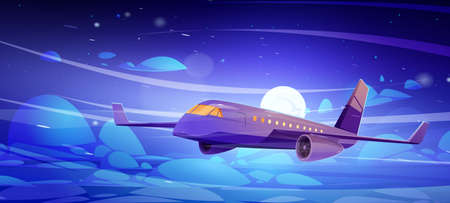 Plane fly in night sky with clouds and full moon. Concept of passenger aircraft flight, travel, commercial aviation. Vector cartoon illustration of flying big airplane in dark skyのイラスト素材