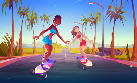Happy girls riding on skateboard on road. Vector cartoon illustration of summer landscape with mountains, green palm trees, highway and young african american and caucasian women skater on longboardのイラスト素材