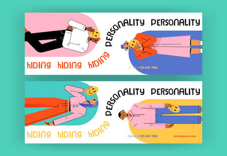 Hiding personality banners with sad people disguise faces behind of happy masks. Impostor syndrome, hypocrisy, psychological help to men and women with identity problems, Line art flat vector flyersのイラスト素材