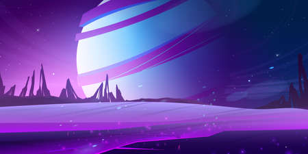 Cosmic background, alien planet deserted landscape with purple mountains, rocks, stars shine in deep space and huge sphere in sky. Extraterrestrial game scene, wallpaper, Cartoon vector illustrationのイラスト素材
